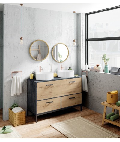 Mueble para debajo del lavabo de baño imitación mármol, roble – Longitud 120 x Profundidad 50 x Altura 80 cm