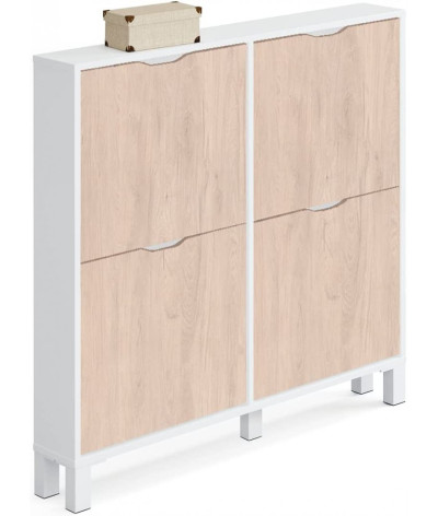 Cómoda Zapatero 4 puertas Blanco brillo / imitación madera - Altura 98 x Longitud 97 x Profundidad 17 cm