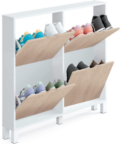 Cómoda Zapatero 4 puertas Blanco brillo / imitación madera - Altura 98 x Longitud 97 x Profundidad 17 cm