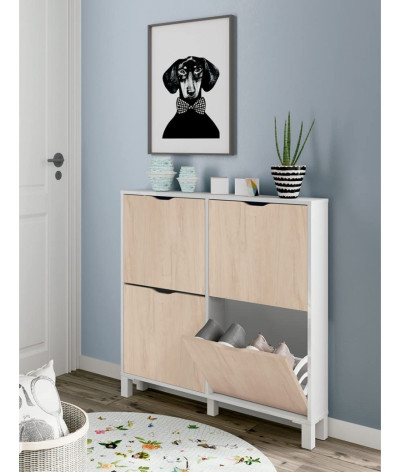 Cómoda Zapatero 4 puertas Blanco brillo / imitación madera - Altura 98 x Longitud 97 x Profundidad 17 cm