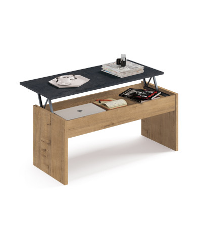 Mesa de centro elevable de color Roble Dorado/Mármol - Altura 47-58 x Longitud 100 x Profundidad 50 cm