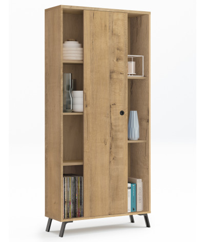Estantería librería con 1 puerta corredera de color roble dorado - Altura 180 x Longitud 80 x Profundidad 33 cm