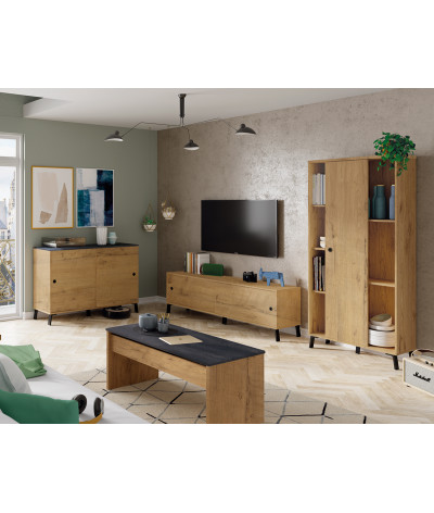 Estantería librería con 1 puerta corredera de color roble dorado - Altura 180 x Longitud 80 x Profundidad 33 cm