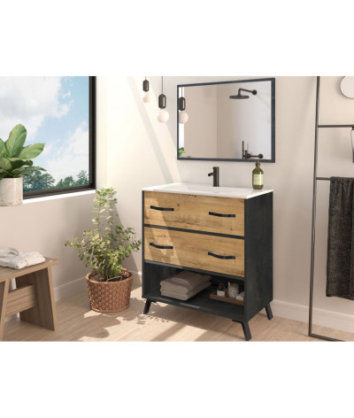 Mueble de Baño de color efecto mármol / roble dorado - Altura 88 x Longitud 81 x Profundidad 47 cm