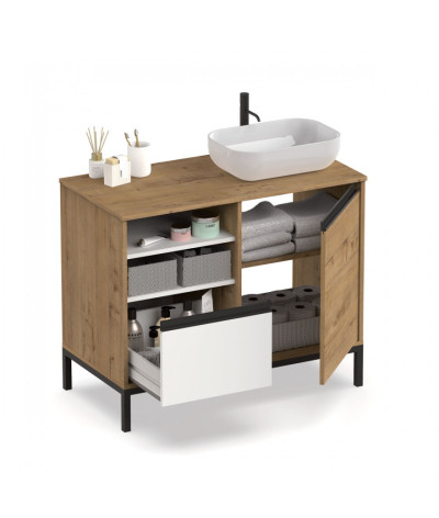 Mueble de Baño de color roble dorado / patas negras - Altura 81 x Longitud 100 x Profundidad 51 cm