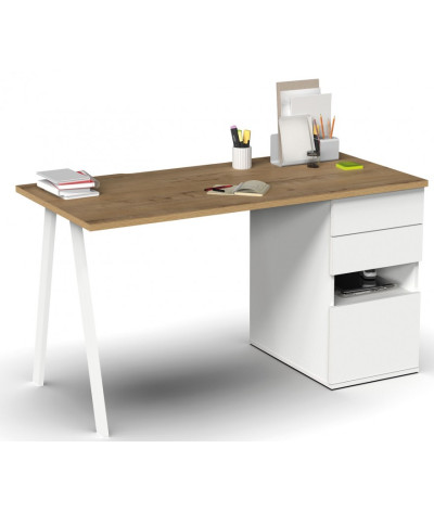 Escritorio, Mesa de trabajo en roble dorado y patas de metal blancas - Longitud 137,5 x Profundidad 67 x Altura 76 cm