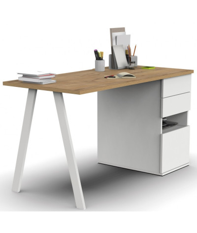 Escritorio, Mesa de trabajo en roble dorado y patas de metal blancas - Longitud 137,5 x Profundidad 67 x Altura 76 cm